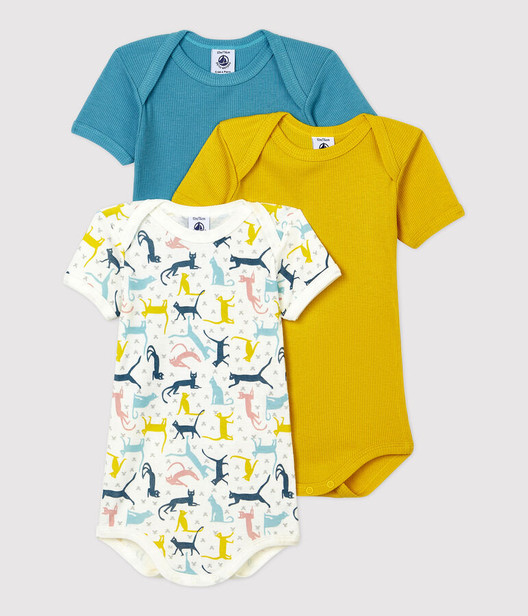 Lot de 3 bodies manches courtes chats b&eacute;b&eacute; en coton et lyocell multicouleur